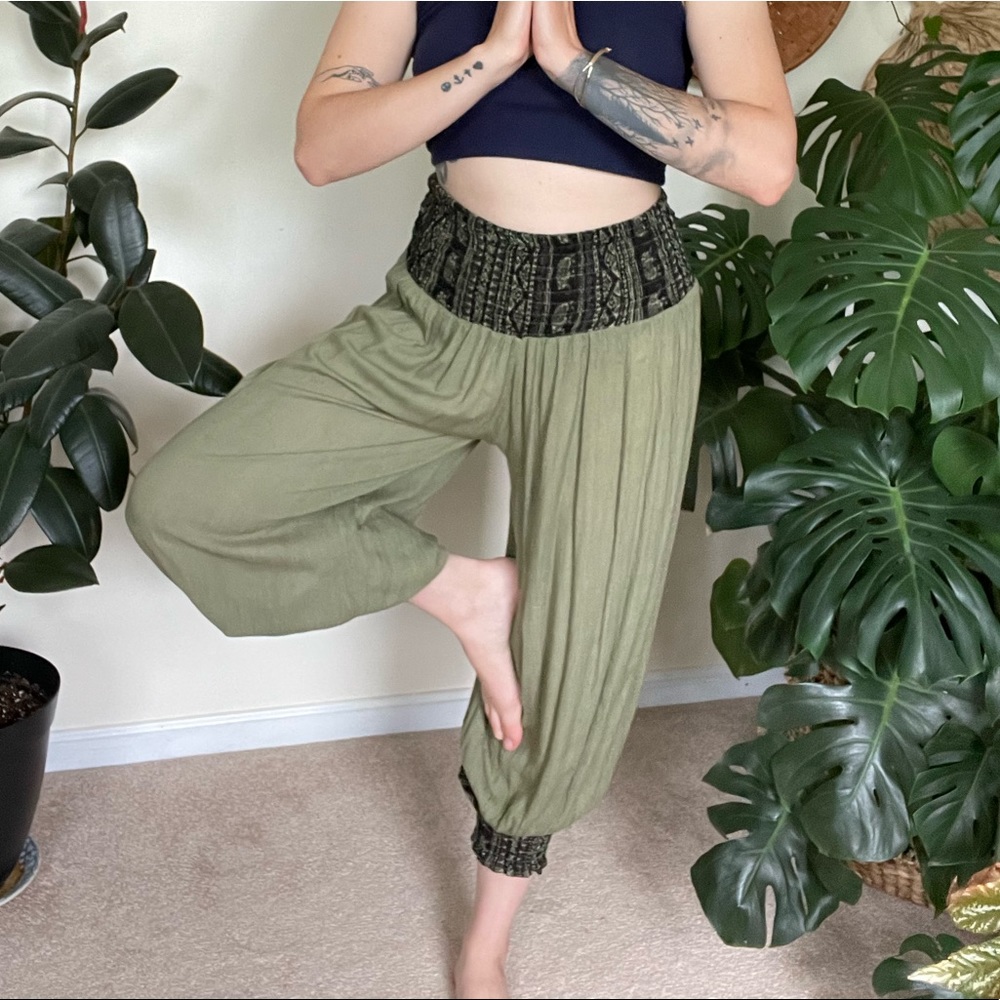 Olive Green Elephant Print Harem Pants